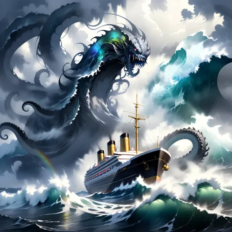 ultra detailed, absolutely resolution, masterpiece, A huge iridescent white cruise ship being tossed about by huge waves and rough seas, the shadow of a giant, ominous kraken in the waves, gray clouds, a storm, highly detailed, sharp focus and contrast, ex...