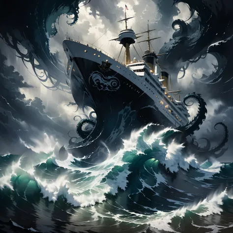 ultra detailed, absolutely resolution, masterpiece, A huge iridescent white cruise ship being tossed about by huge waves and rough seas, the shadow of a giant, ominous kraken in the waves, gray clouds, a storm, highly detailed, sharp focus and contrast, ex...