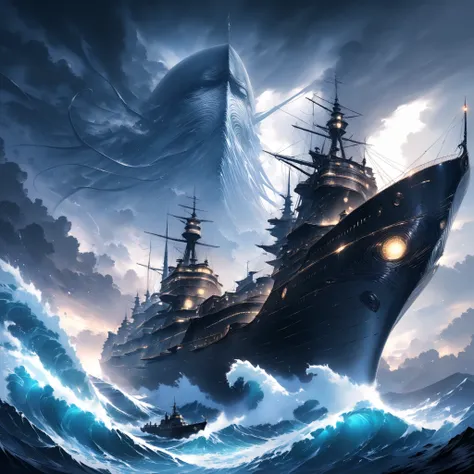 ultra detailed, absolutely resolution, masterpiece, A huge iridescent white cruise ship being tossed about by huge waves and rough seas, the shadow of a giant, ominous kraken in the waves, gray clouds, a storm, highly detailed, sharp focus and contrast, ex...