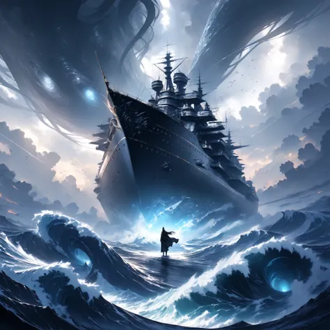 ultra detailed, absolutely resolution, masterpiece, A huge iridescent white cruise ship being tossed about by huge waves and rough seas, the shadow of a giant, ominous kraken in the waves, gray clouds, a storm, highly detailed, sharp focus and contrast, ex...