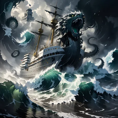 ultra detailed, absolutely resolution, masterpiece, A huge iridescent white cruise ship being tossed about by huge waves and rough seas, the shadow of a giant, ominous kraken in the waves, gray clouds, a storm, highly detailed, sharp focus and contrast, ex...