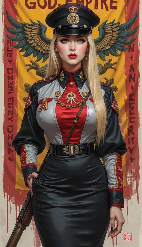 Detailed multi-colored proportions and textures with airbrushed brushstrokes presenting a semi-realistic illustration (in ink Chinese) A beautiful and strong young woman wearing an military uniform style epic fantasy, gothic armor where grayish black tones...