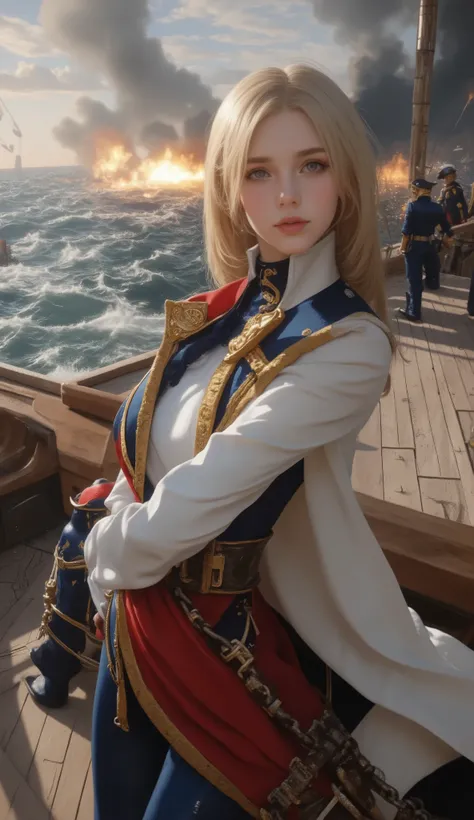 (Highest quality, high resolution, masterpiece:1.4), 8k, Battle of Trafalgar, female captain standing on the deck of the British flagship, intense gunfire, enemy ships on fire, water columns rising from gunfire