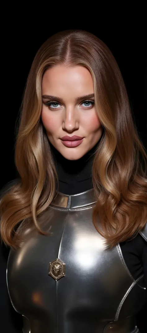 girl with dark red hair, In light armor , contagious smile , natural pose, High detail, absolutely black background