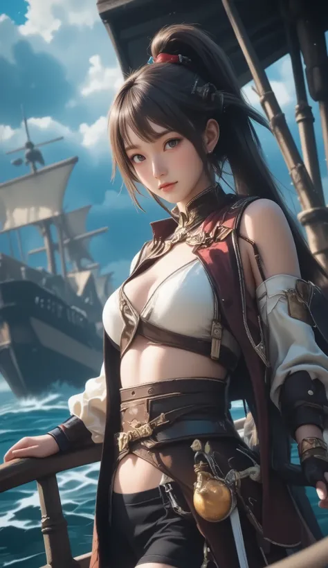 (Highest quality, High resolution, Masterpiece:1.4), 8k, adventure voyage, pirates of the Caribbean, female captain, fleet of pirates sailing through a storm