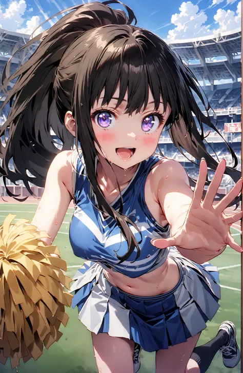 Takina inoue,side lock,ponytail,bungs, black hair, PURPLE EYES,smile,blush,open your mouth,Medium breast,(cheerleading), (full body),  on chest, (sweated), sweated Wet Clothes, (blue clothes),Sleeveless, pleated skirt,black socks,sneakers, belly button out...