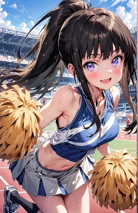 Takina inoue,side lock,ponytail,bungs, black hair, PURPLE EYES,smile,blush,opens her mouth,Medium breast,(cheerleading), (full body),  on chest, (sweated), sweated Wet Clothes, (blue clothes),Sleeveless, pleated skirt,black socks,sneakers, belly button out...