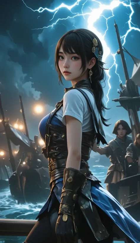 (Highest quality, High resolution, Masterpiece:1.4), 8k, adventure voyage, pirates of the Caribbean, female captain, fleet of pirates sailing through a storm