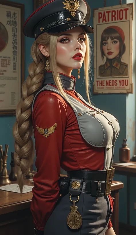 Detailed multi-colored proportions and textures with airbrushed brushstrokes presenting a semi-realistic illustration in Chinese A beautiful and strong young woman wearing an epic fantasy steampunk style military uniform where grayish black tones predomina...