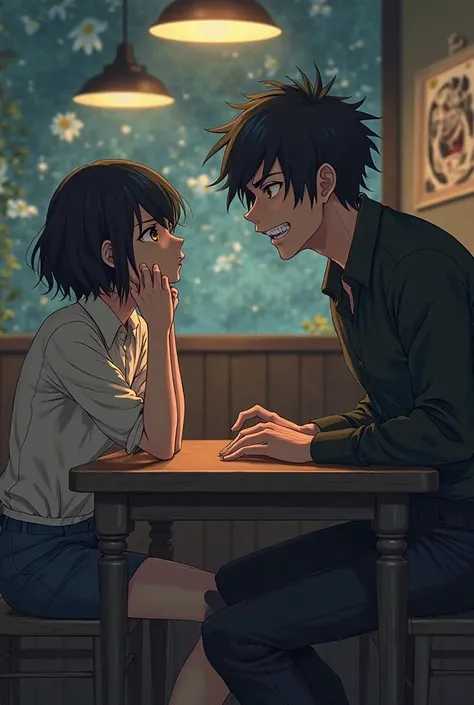 Have two people talking at a table, One is sad and the other is giving an evil laugh anime version with a motivational conversation tone 