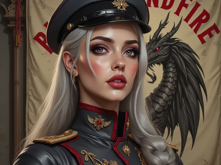 Detailed multi-colored proportions and textures with airbrushed brushstrokes presenting a semi-realistic illustration A beautiful and strong young woman wearing an military uniform style epic fantasy, gothic armor where grayish black tones predominate, mix...