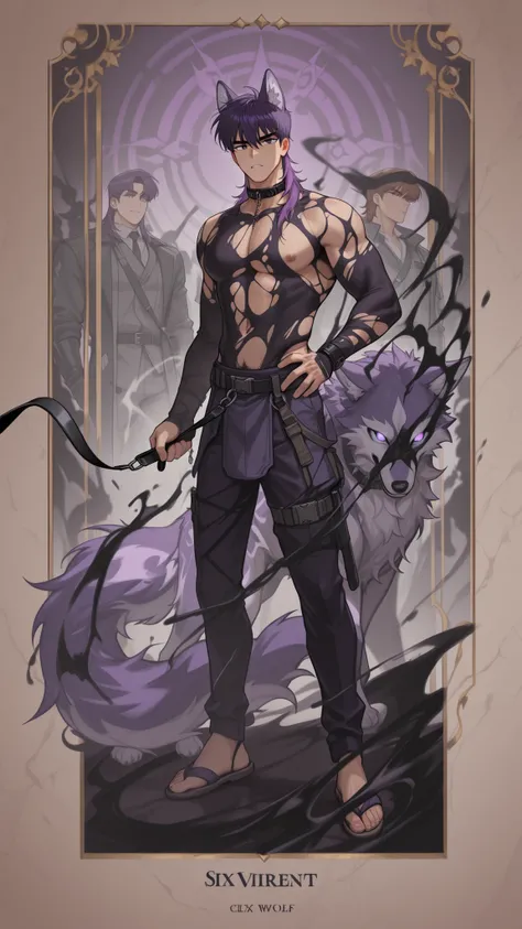 Full hd , purple hair , 8k , clear face , handsome , manhwa, 2 eyes are clearly not blurred, virile , color tone , eyes are not distorted , short mullet hair , short hair, six zones , open belly , short hair , nam , purple wolf , thorny , leash , dar...
