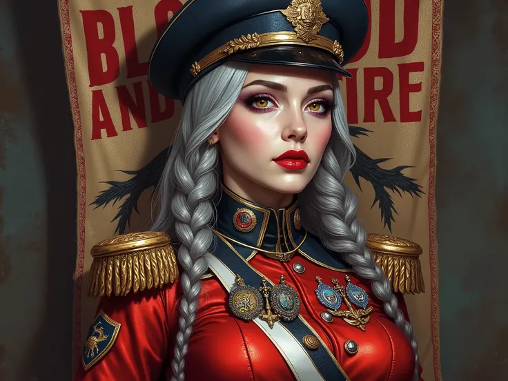 Detailed multi-colored proportions and textures with airbrushed brushstrokes presenting a semi-realistic illustration A beautiful and strong young woman wearing an military uniform style epic fantasy, gothic armor where grayish black tones predominate, mix...
