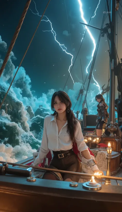 (Highest quality, High resolution, Masterpiece:1.4), 8k, adventure voyage, pirates of the Caribbean, female captain, fleet of pirates sailing through a storm