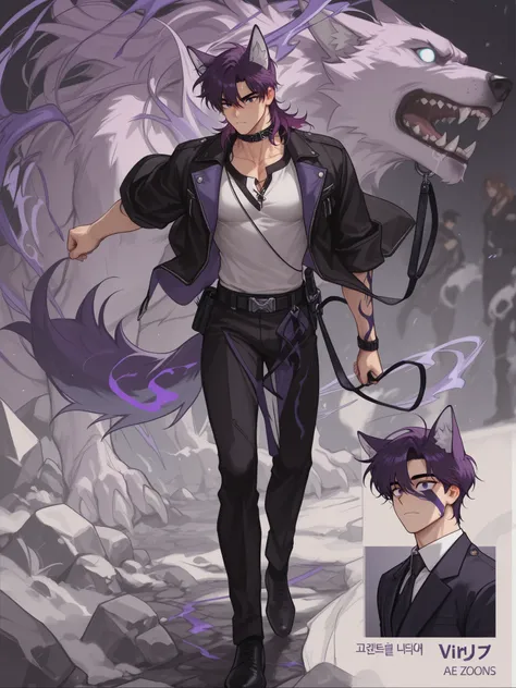 Full hd , purple hair , 8k , clear face , handsome , manhwa, 2 eyes are clearly not blurred, virile , color tone , eyes are not distorted , short mullet hair , short hair, six zones , open belly , short hair , nam , purple wolf , thorny , leash , dar...