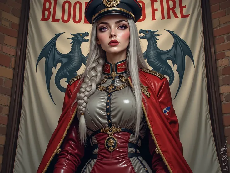 Detailed multi-colored proportions and textures with airbrushed brushstrokes presenting a semi-realistic illustration A beautiful and strong young woman wearing an military uniform style epic fantasy, gothic armor where grayish black tones predominate, mix...