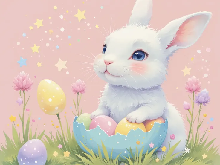 Easter, rabbit peeking out of an egg shell in a fairy tale picture book, soft, colorful pastel tones, slightly sepia, highly detailed, sharp focus and contrast, extremely clear image, effects magic, shading effects magic, lighting effects magic