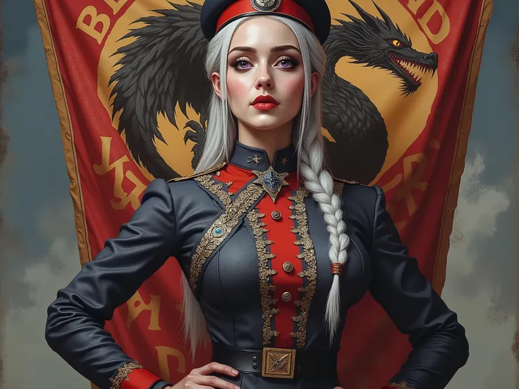 Detailed multi-colored proportions and textures with airbrushed brushstrokes presenting a semi-realistic illustration A beautiful and strong young woman wearing an military uniform style epic fantasy, gothic armor where grayish black tones predominate, mix...