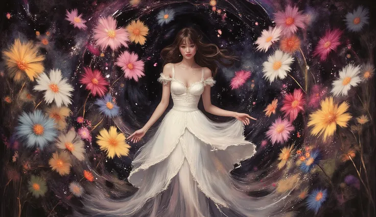 Create a surreal scene of a woman in a flowing white dress standing amidst a field of vibrant giant dandeliuns under a twilight sky. The dandeliuns should appear to be growing out of the dress, with their petals swirling around her. The background should f...