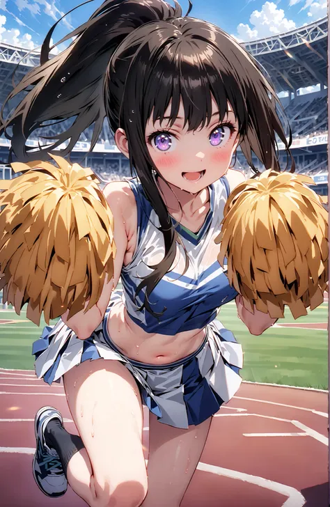 Takina inoue,side lock,ponytail,bungs, black hair, PURPLE EYES,smile,blush,open your mouth,Medium breast,(cheerleading), (full body),  on chest, (sweated), sweated Wet Clothes, (blue clothes),Sleeveless, pleated skirt,black socks,sneakers, belly button out...