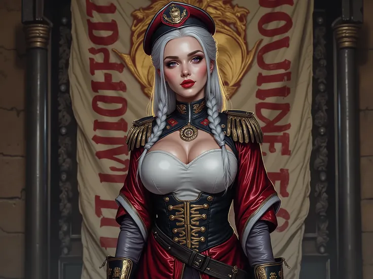 Detailed multi-colored proportions and textures with airbrushed brushstrokes presenting a semi-realistic illustration A beautiful and strong young woman wearing an military uniform style epic fantasy, gothic armor where grayish black tones predominate, mix...