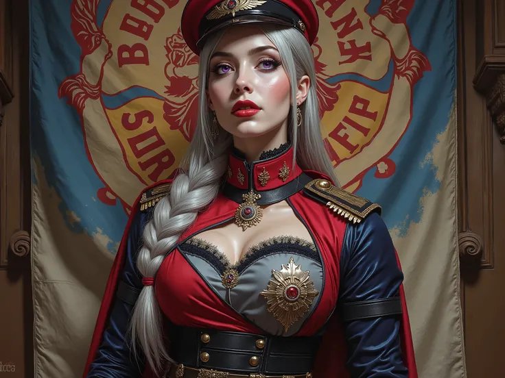 Detailed multi-colored proportions and textures with airbrushed brushstrokes presenting a semi-realistic illustration A beautiful and strong young woman wearing an military uniform style epic fantasy, gothic armor where grayish black tones predominate, mix...