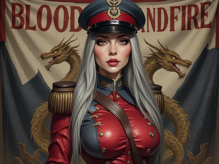 Detailed multi-colored proportions and textures with airbrushed brushstrokes presenting a semi-realistic illustration A beautiful and strong young woman wearing an military uniform style epic fantasy, gothic armor where grayish black tones predominate, mix...