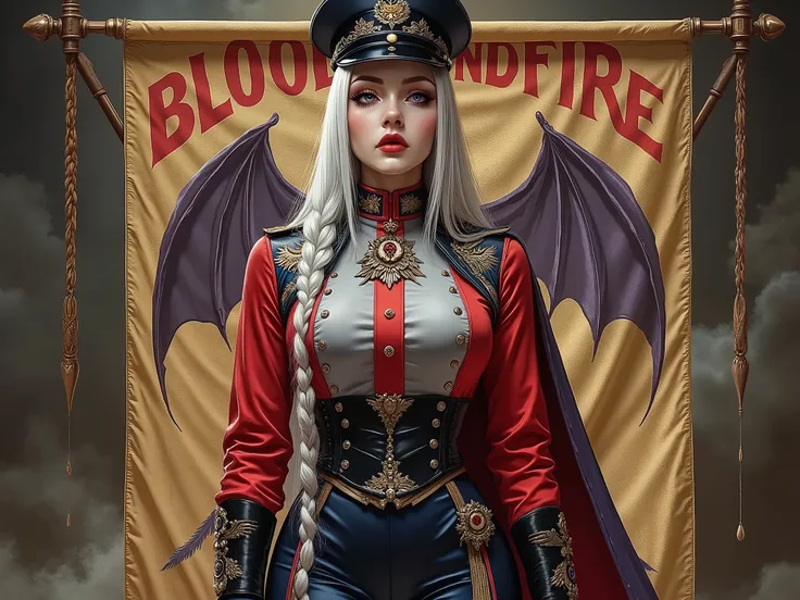Detailed multi-colored proportions and textures with airbrushed brushstrokes presenting a semi-realistic illustration A beautiful and strong young woman wearing an military uniform style epic fantasy, gothic armor where grayish black tones predominate, mix...