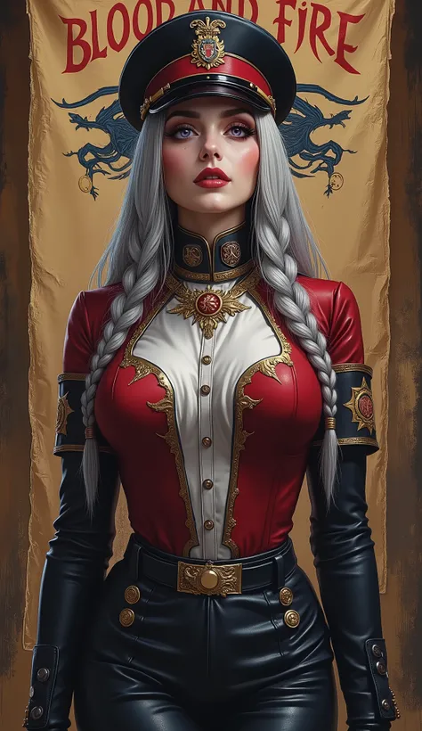 Detailed multi-colored proportions and textures with airbrushed brushstrokes presenting a semi-realistic illustration A beautiful and strong young woman wearing an military uniform style epic fantasy, gothic armor where grayish black tones predominate, mix...