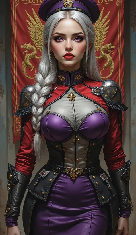Detailed multi-colored proportions and textures with airbrushed brushstrokes presenting a semi-realistic illustration A beautiful and strong young woman wearing an military uniform style epic fantasy, gothic armor where grayish black tones predominate, mix...