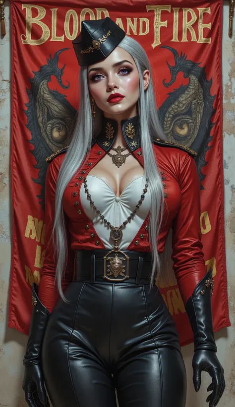 Detailed multi-colored proportions and textures with airbrushed brushstrokes presenting a semi-realistic illustration A beautiful and strong young woman wearing an military uniform style epic fantasy, gothic armor where grayish black tones predominate, mix...