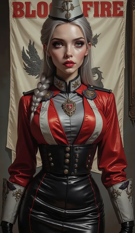 Detailed multi-colored proportions and textures with airbrushed brushstrokes presenting a semi-realistic illustration A beautiful and strong young woman wearing an military uniform style epic fantasy, gothic armor where grayish black tones predominate, mix...