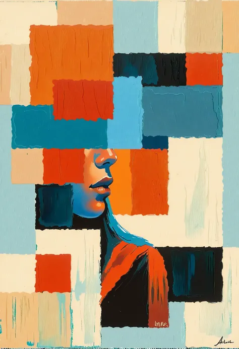 Create a serene profile portrait with the subject facing left. Use a vibrant color palette of blues, reds, and oranges. The background should be minimalistic in cool blue tones. Employ bold, visible brush strokes and the impasto technique for texture. Blen...