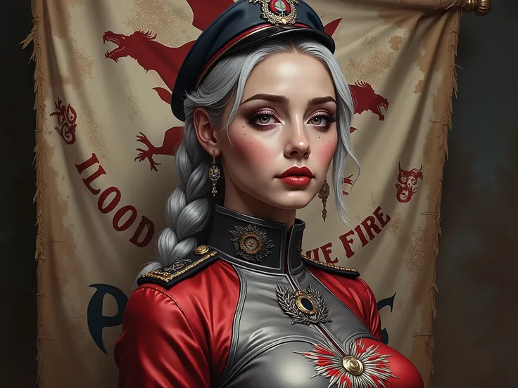 Detailed multi-colored proportions and textures with airbrushed brushstrokes presenting a semi-realistic illustration A beautiful and strong young woman wearing an military uniform style epic fantasy, gothic armor where grayish black tones predominate, mix...