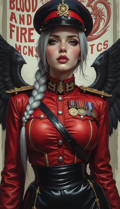 Detailed multi-colored proportions and textures with airbrushed brushstrokes presenting a semi-realistic illustration A beautiful and strong young woman wearing an military uniform style epic fantasy, gothic armor where grayish black tones predominate, mix...