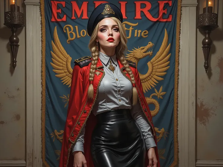 Detailed multi-colored proportions and textures with airbrushed brushstrokes presenting a semi-realistic illustration A beautiful and strong young woman wearing an military uniform style epic fantasy, gothic armor where grayish black tones predominate, mix...