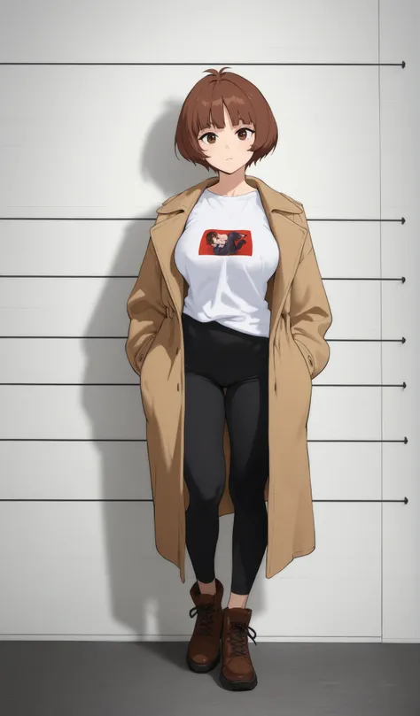 T-shirt, coat, (best quality:1.0), (ultra highres:1.0), 8k, RAW photo, (masterpiece:0.2), , zydG, 1girl, detailed skin, looking at viewer, brown eyes, full body, thicc coxas, (short hair with bangs:1.2), (medium large breasts:1.0), (large areolae:0.8), , (...