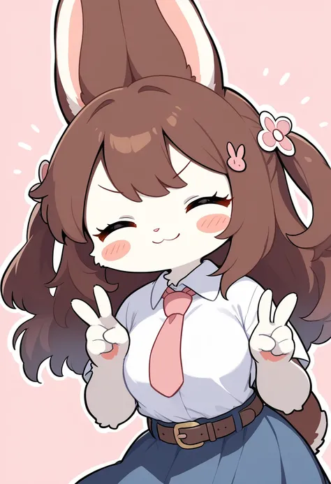 1girl, (furry, kemono:1.4), rabbit girl, animal nose, rabbit ears, solo, long hair, brown hair, closed eyes, skirt, double v, shirt, v, smile, white shirt, blue skirt, belt, simple background, blush, short sleeves, hair ornament, pink background, closed mouth, blush stickers, outline, hands up, white outline, shirt tucked in, brown belt, v-shaped eyebrows, masterpiece, best quality, very aesthetic, absurdres