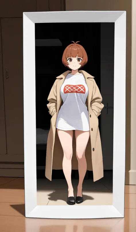 T-shirt, coat, (best quality:1.0), (ultra highres:1.0), 8k, RAW photo, (masterpiece:0.2), , zydG, 1girl, detailed skin, looking at viewer, brown eyes, full body, thicc coxas, (short hair with bangs:1.2), (medium large breasts:1.0), (large areolae:0.8), , (...