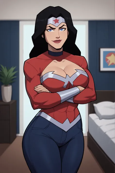 looking at viewer, smile, closed mouth, WWDiana, DianaHero, wonder woman, superhero, long hair, black hair, blue eyes, makeup, lipstick, score_9, score_8_up, score_7_up, score_6_up, 1girl, solo, large breasts, cleavage, curvy athletic, standing, crossed ar...