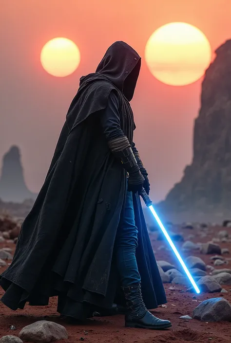 photograph of a jedi wearing a dusty black cloak with the hood up on an alien planet, dynamic pose, raised hood with partially exposed face, weilding blue lightsaber, barren rocky landscape, two suns in sky, billowing cloak, atmospheric haze, cinematic lig...