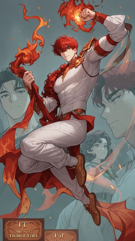 Full hd , red hair , short curly hair , 8k , manhwa , fire , handsome , six zones, Fit figure , clear face , eyes are not blurred , eyes that are not distorted , phụ kiện là một con rối fire , virile , short curly hair
