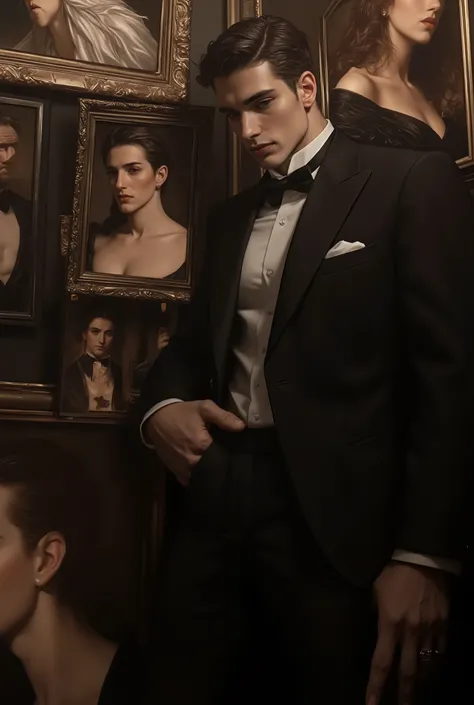 Elegant handsome man in black suit leaning against wall of oil paintings, classic art gallery setting, refined facial features, intense gaze, formal fashion, holding picture frame, surrounded by vintage portraits, moody lighting, artistic aesthetic, painte...
