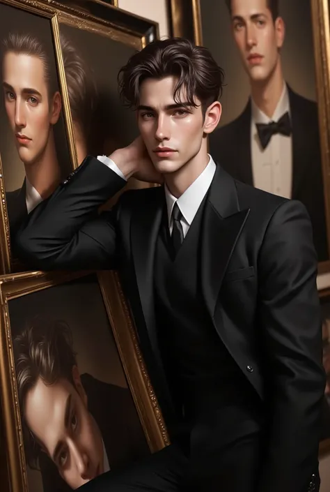 Elegant handsome man in black suit leaning against wall of oil paintings, classic art gallery setting, refined facial features, intense gaze, formal fashion, holding picture frame, surrounded by vintage portraits, moody lighting, artistic aesthetic, painte...