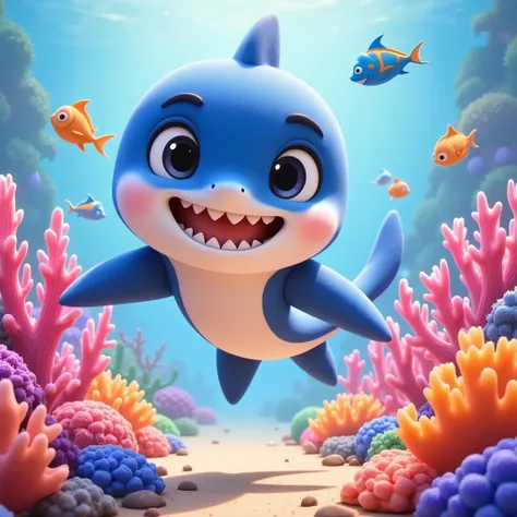 Un bébé requin souriant et attrayant pour les enfants sous l’océan corail de couleur vive et poisson de couleurs vive