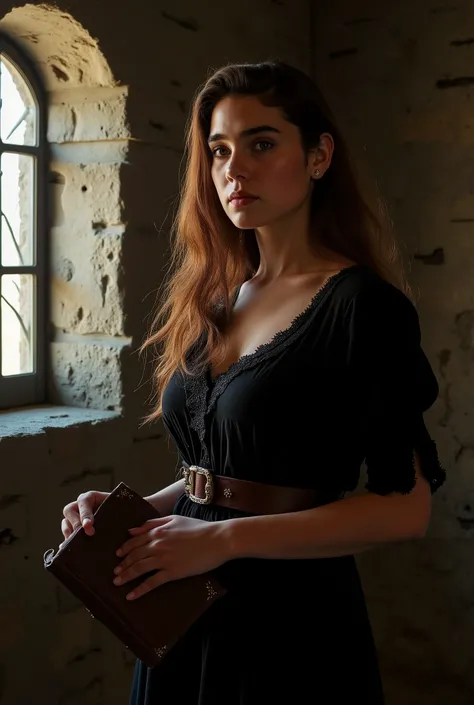 photorrealistic, closer look, beautiful noble halfling prisoner female, tiny pointy ears, front view, in medieval instance, gorgeous brunette, long black dress, dark medieval dungeon room, holding a leather book, photorealistic, 8k, rpg based, sunlight, eu...