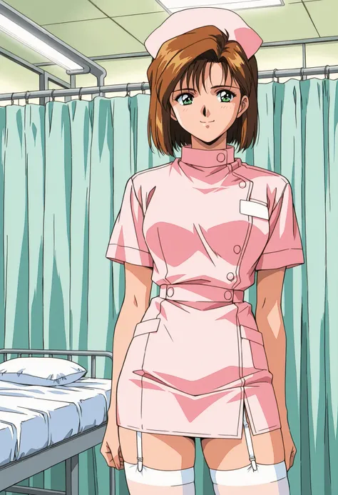 Score_9, score_8_up, score_7_up, source_anime, Shinjyo Remi, brown hair, short hair, green eyes, retro artstyle, 1990s (style), (best quality), (high quality), {masterpiece}, extremely delicate and beautiful, ultra-detailed, beautiful detailed eyes, nurse,...