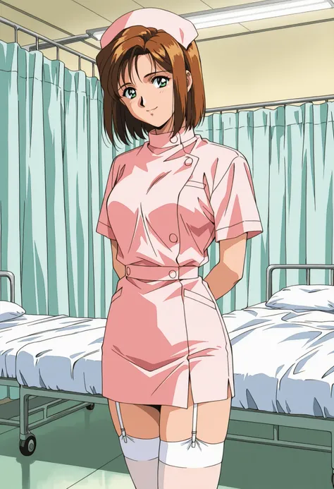 Score_9, score_8_up, score_7_up, source_anime, Shinjyo Remi, brown hair, short hair, green eyes, retro artstyle, 1990s (style), (best quality), (high quality), {masterpiece}, extremely delicate and beautiful, ultra-detailed, beautiful detailed eyes, nurse,...