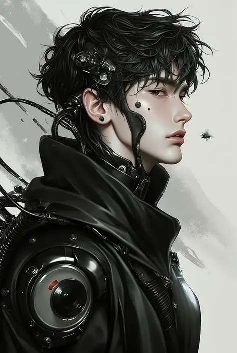 Full plane from head to toe , plano general:1.4, ( Handsome young Cyborg ) bold, threatening look . is half in profile the image can be seen from head to toe, there is wind, leaves flies and some dust , He wears gothic clothes . , with mechanical parts of ...