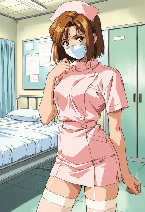 Score_9, score_8_up, score_7_up, source_anime, Shinjyo Remi, brown hair, short hair, green eyes, retro artstyle, 1990s (style), (best quality), (high quality), {masterpiece}, extremely delicate and beautiful, ultra-detailed, beautiful detailed eyes, nurse,...